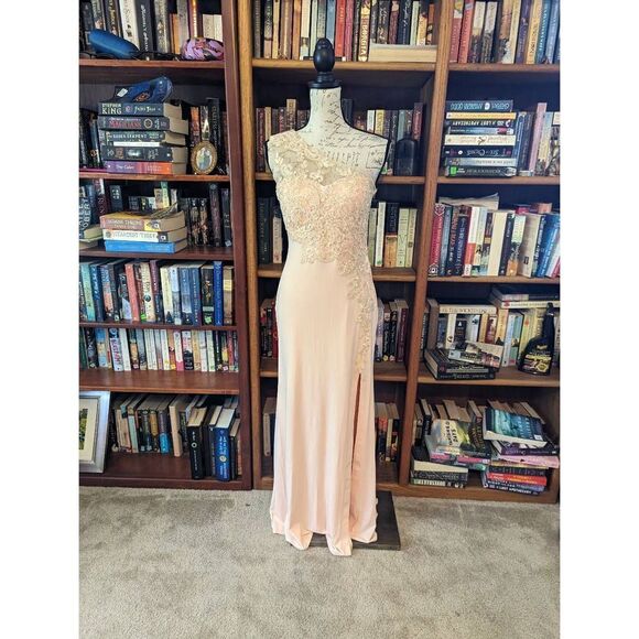 L'ATISTE petal pink on shoulder lace applique side slit chiffon mesh gown sz s n - Picture 1 of 5